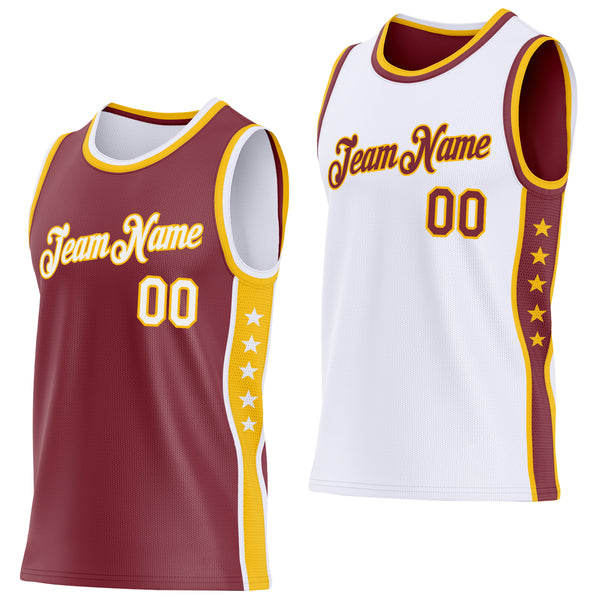 Custom Reversible Burgundy White-Gold Double Side Star Sublimation Basketball Suit Jersey