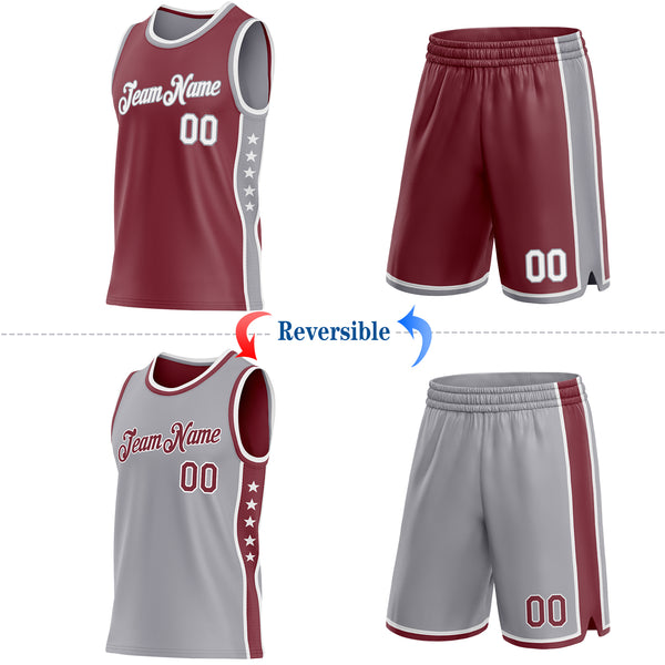 Custom Reversible Burgundy White-Gray Double Side Star Sublimation Basketball Suit Jersey