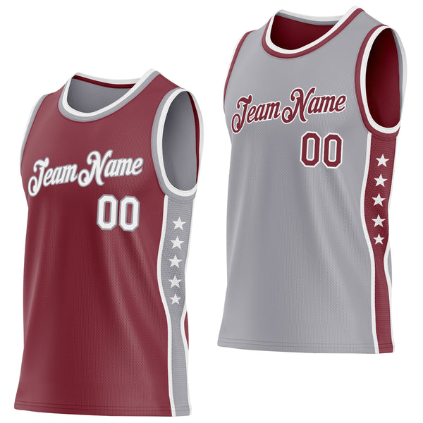 Custom Reversible Burgundy White-Gray Double Side Star Sublimation Basketball Suit Jersey