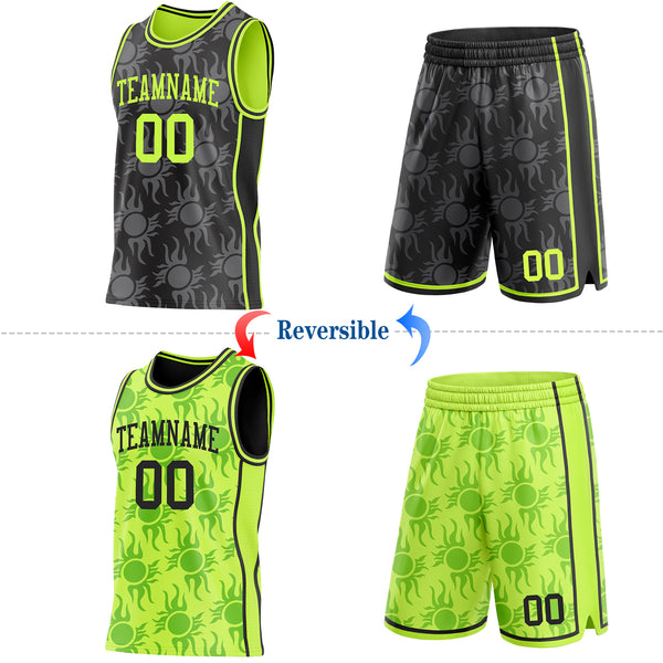Custom Black-Neon Green Side Panel Stripe Sun Flame Reversible Double Side Sublimation Basketball Set Jersey