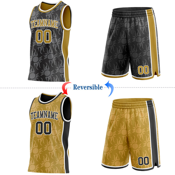 Custom Black Old Gold-White Side Panel Stripe Sun Flame Reversible Double Side Sublimation Basketball Set Jersey