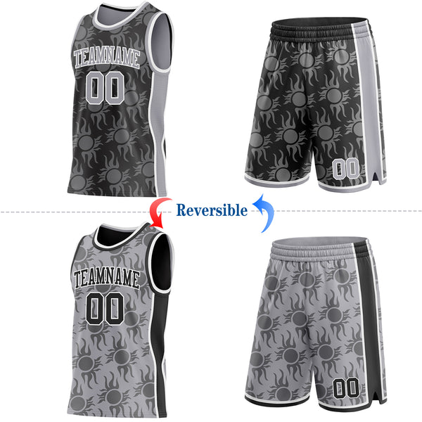 Custom Black Gray-White Side Panel Stripe Sun Flame Reversible Double Side Sublimation Basketball Set Jersey