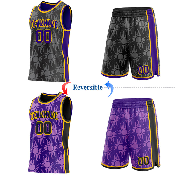 Custom Black Purple-Gold Side Panel Stripe Sun Flame Reversible Double Side Sublimation Basketball Set Jersey