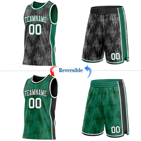 Custom Black White-Kelly Green Side Panel Stripe Sun Flame Reversible Double Side Sublimation Basketball Set Jersey
