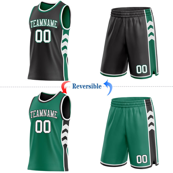 Custom Black White-Kelly Green Side Panel Geometric Chevron Reversible Double Side Sublimation Basketball Set Jersey