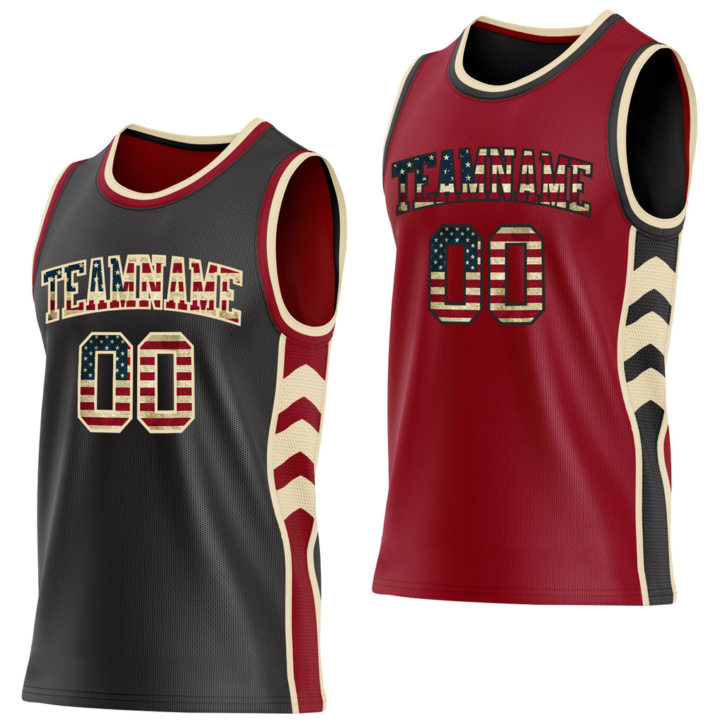 Custom Black Vintage USA Flag Cream-Maroon Side Panel Geometric Chevron Reversible Double Side Sublimation Basketball Set Jersey