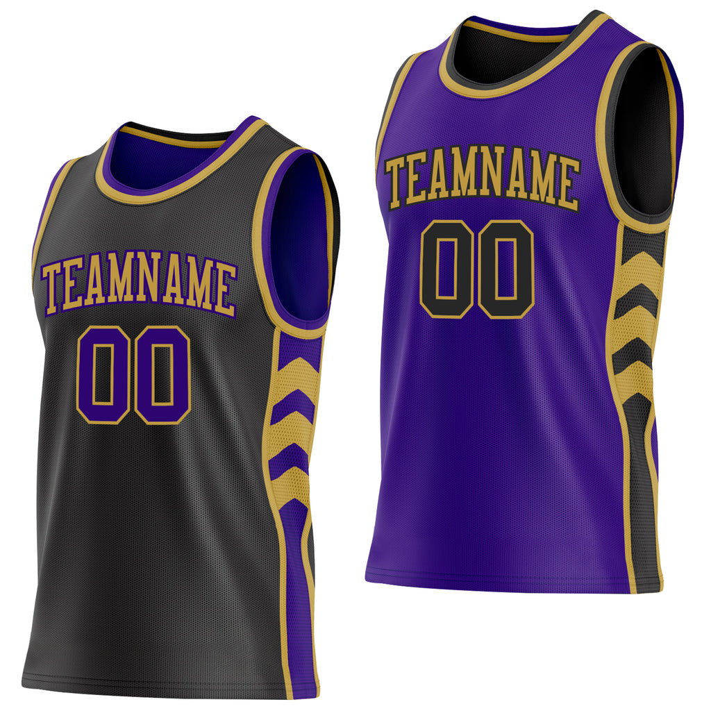 Custom Black Purple-Old Gold Side Panel Geometric Chevron Reversible Double Side Sublimation Basketball Set Jersey