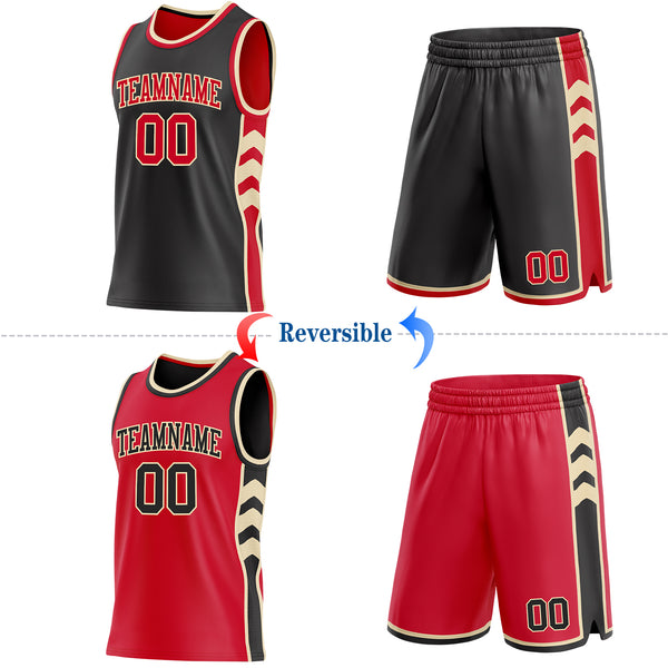 Custom Black Red-Cream Side Panel Geometric Chevron Reversible Double Side Sublimation Basketball Set Jersey