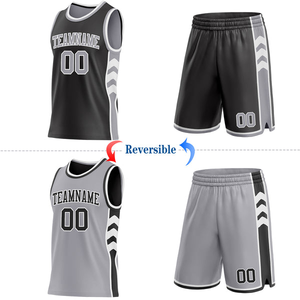 Custom Black Gray-White Side Panel Geometric Chevron Reversible Double Side Sublimation Basketball Set Jersey