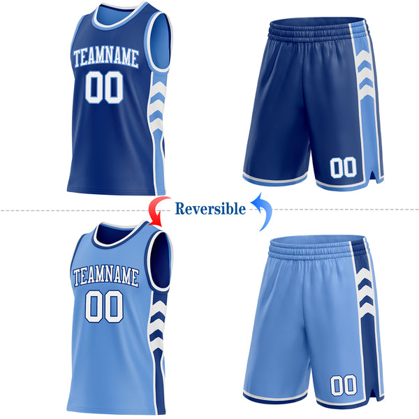 Custom Royal White-Light Blue Side Panel Geometric Chevron Reversible Double Side Sublimation Basketball Set Jersey
