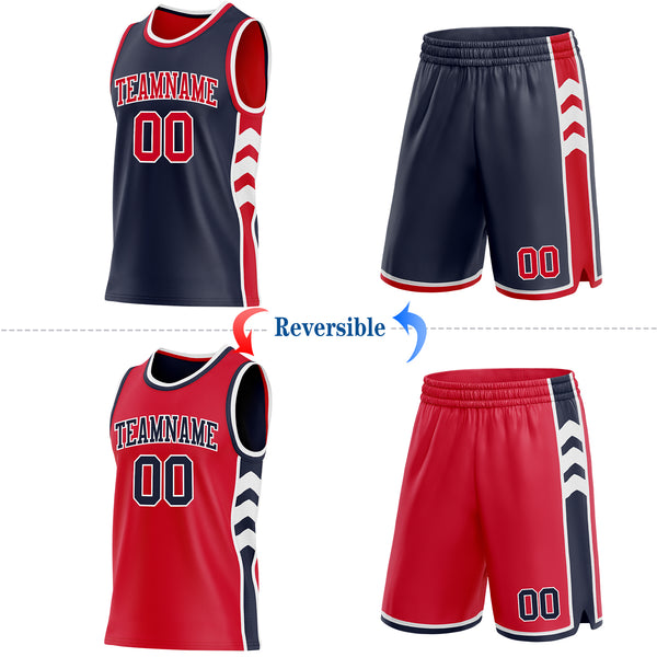 Custom Navy Red-White Side Panel Geometric Chevron Reversible Double Side Sublimation Basketball Set Jersey