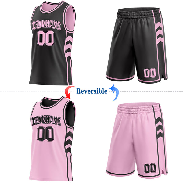 Custom Black-Light Pink Side Panel Geometric Chevron Reversible Double Side Sublimation Basketball Set Jersey