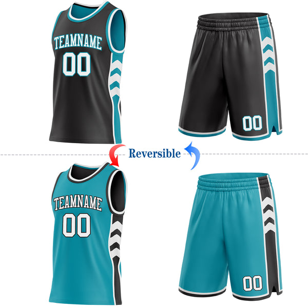 Custom Black White-Teal Side Panel Geometric Chevron Reversible Double Side Sublimation Basketball Set Jersey