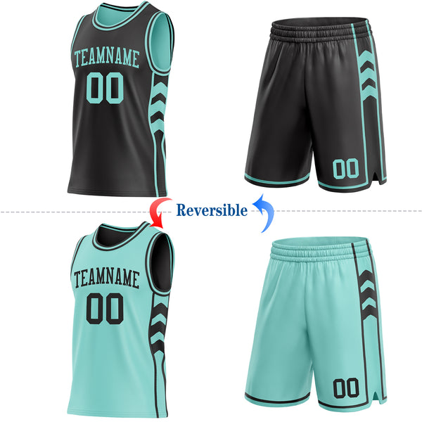 Custom Black-Ice Blue Side Panel Geometric Chevron Reversible Double Side Sublimation Basketball Set Jersey
