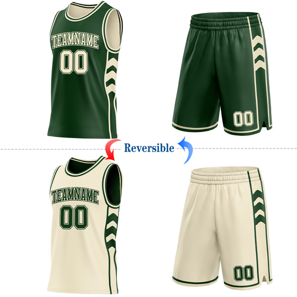Custom Green-Cream Side Panel Geometric Chevron Reversible Double Side Sublimation Basketball Set Jersey
