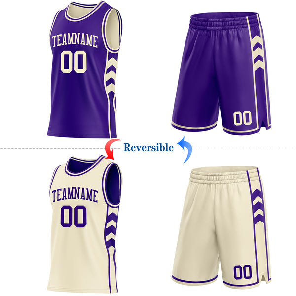 Custom Purple-Cream Side Panel Geometric Chevron Reversible Double Side Sublimation Basketball Set Jersey