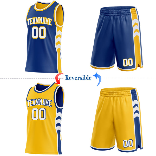 Custom Royal White-Gold Side Panel Geometric Chevron Reversible Double Side Sublimation Basketball Set Jersey
