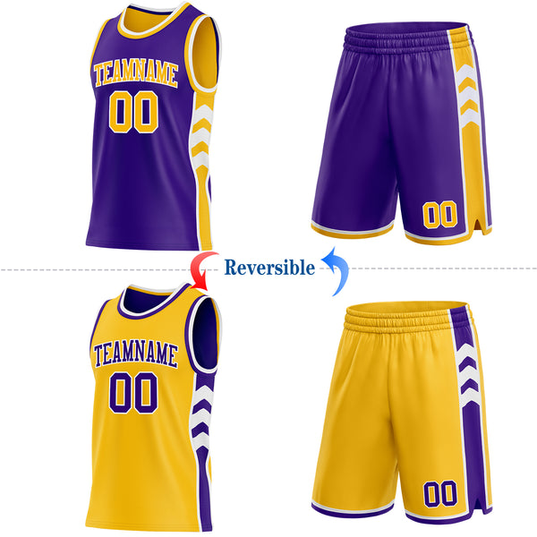 Custom Purple Gold-White Side Panel Geometric Chevron Reversible Double Side Sublimation Basketball Set Jersey