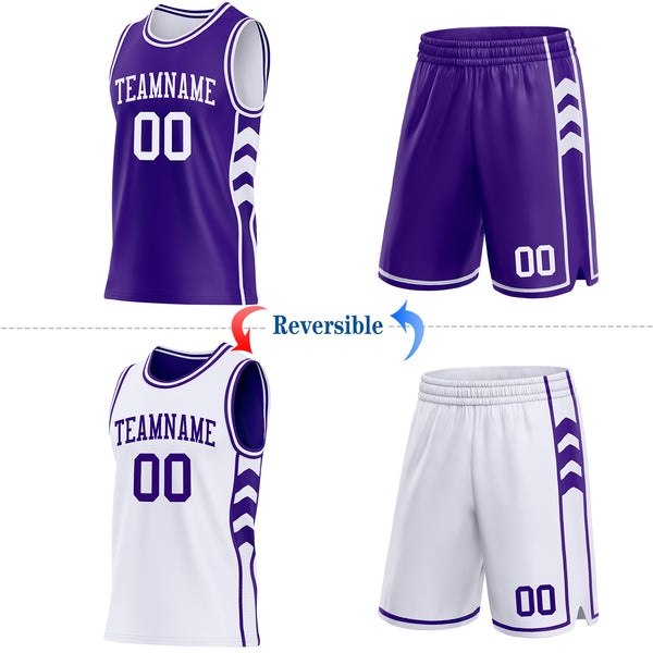 Custom Purple-White Side Panel Geometric Chevron Reversible Double Side Sublimation Basketball Set Jersey