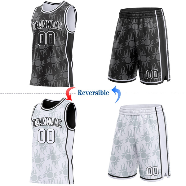 Custom Black-White Side Panel Stripe Sun Flame Reversible Double Side Sublimation Basketball Set Jersey