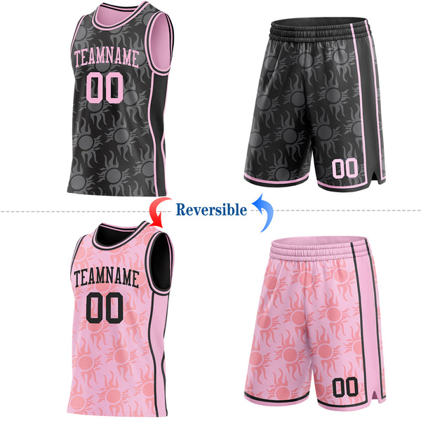 Custom Black-Light Pink Side Panel Stripe Sun Flame Reversible Double Side Sublimation Basketball Set Jersey