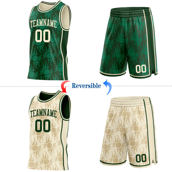 Custom Green-Cream Side Panel Stripe Sun Flame Reversible Double Side Sublimation Basketball Set Jersey