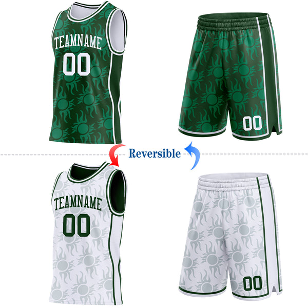Custom Green-White Side Panel Stripe Sun Flame Reversible Double Side Sublimation Basketball Set Jersey