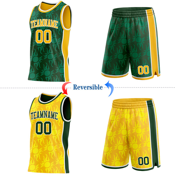 Custom Green Gold-White Side Panel Stripe Sun Flame Reversible Double Side Sublimation Basketball Set Jersey