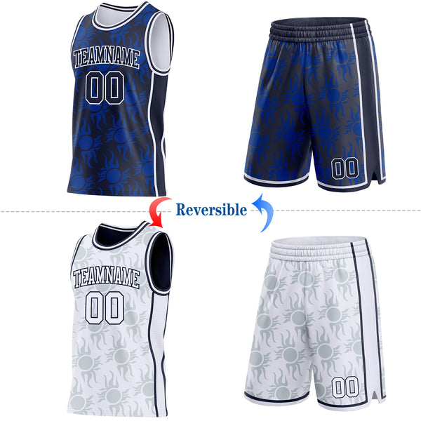 Custom Navy-White Side Panel Stripe Sun Flame Reversible Double Side Sublimation Basketball Set Jersey