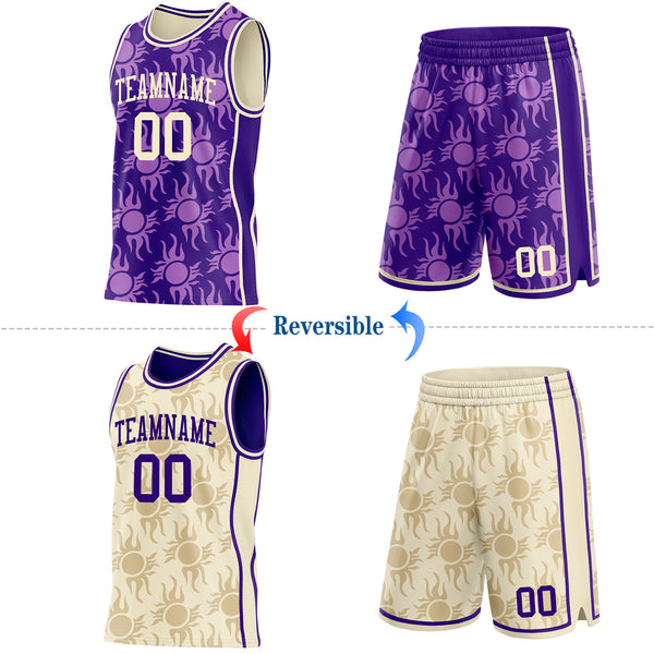 Custom Purple-Cream Side Panel Stripe Sun Flame Reversible Double Side Sublimation Basketball Set Jersey