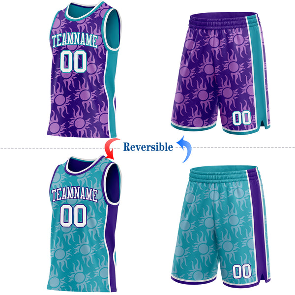 Custom Purple White-Teal Side Panel Stripe Sun Flame Reversible Double Side Sublimation Basketball Set Jersey