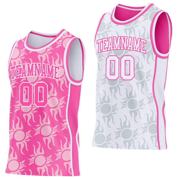 Custom Pink-White Side Panel Stripe Sun Flame Reversible Double Side Sublimation Basketball Set Jersey