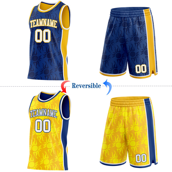 Custom Royal White-Gold Side Panel Stripe Sun Flame Reversible Double Side Sublimation Basketball Set Jersey