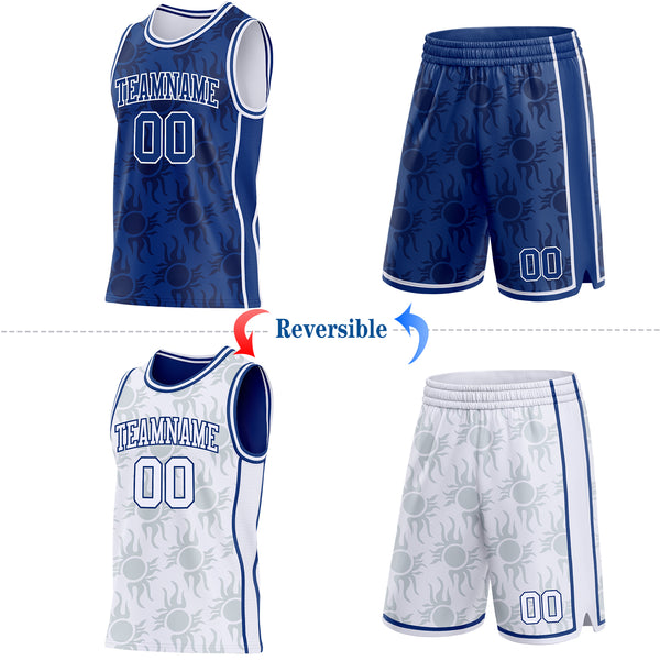 Custom Royal-White Side Panel Stripe Sun Flame Reversible Double Side Sublimation Basketball Set Jersey