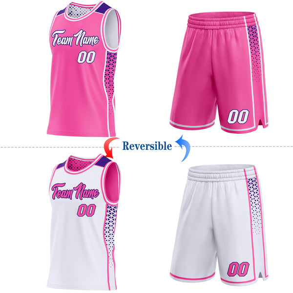 Custom Pink White-Purple Side Panel Stripe Geometric Triangle Gradient Dot Reversible Double Side Sublimation Basketball Set Jersey