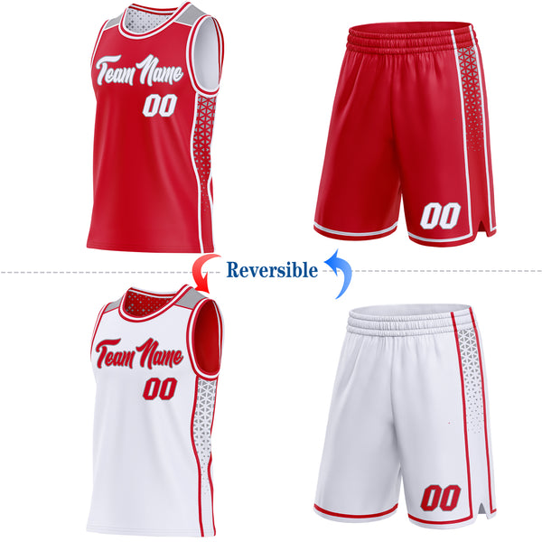 Custom Red White-Gray Side Panel Stripe Geometric Triangle Gradient Dot Reversible Double Side Sublimation Basketball Set Jersey