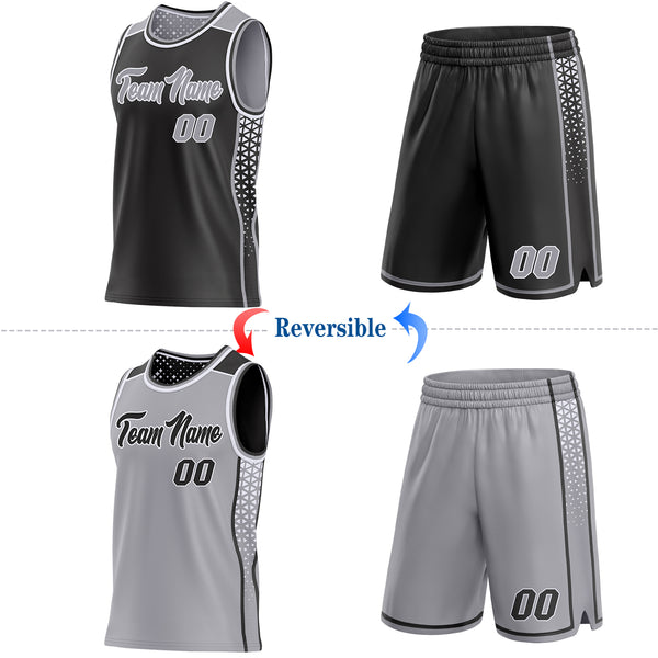 Custom Black Gray-White Side Panel Stripe Geometric Triangle Gradient Dot Reversible Double Side Sublimation Basketball Set Jersey