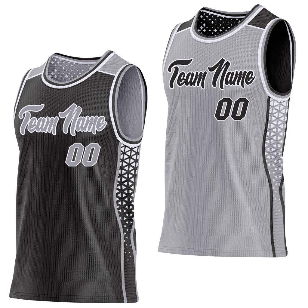Custom Black Gray-White Side Panel Stripe Geometric Triangle Gradient Dot Reversible Double Side Sublimation Basketball Set Jersey