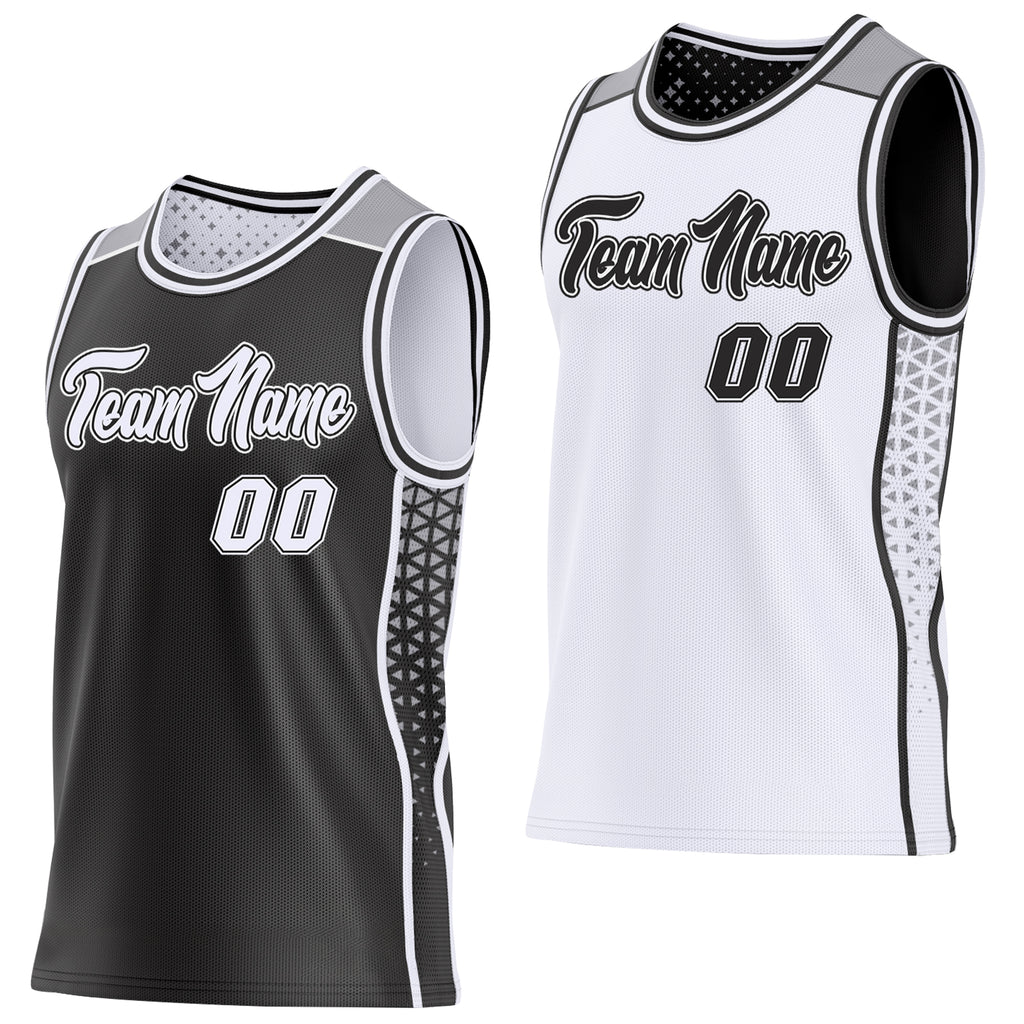 Custom Black White-Gray Side Panel Stripe Geometric Triangle Gradient Dot Reversible Double Side Sublimation Basketball Set Jersey