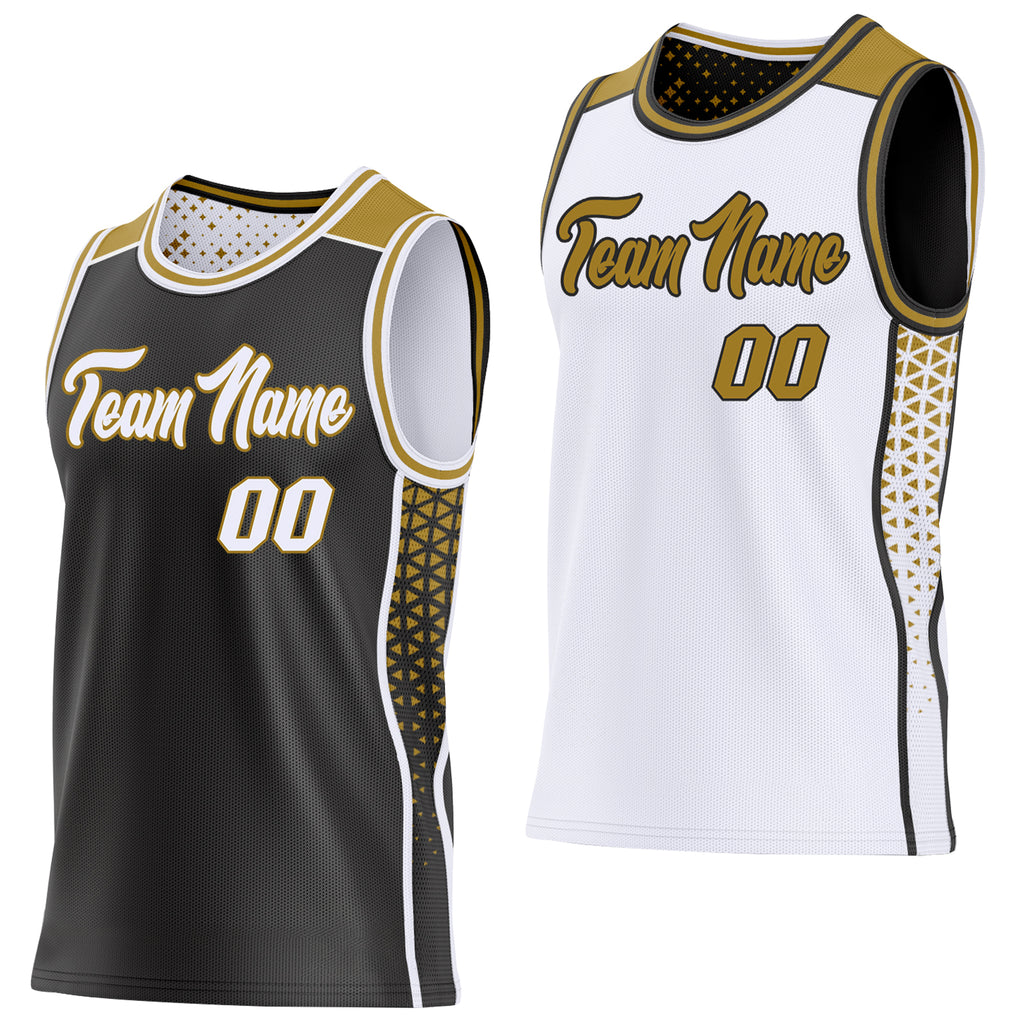 Custom Black White-Old Gold Side Panel Stripe Geometric Triangle Gradient Dot Reversible Double Side Sublimation Basketball Set Jersey