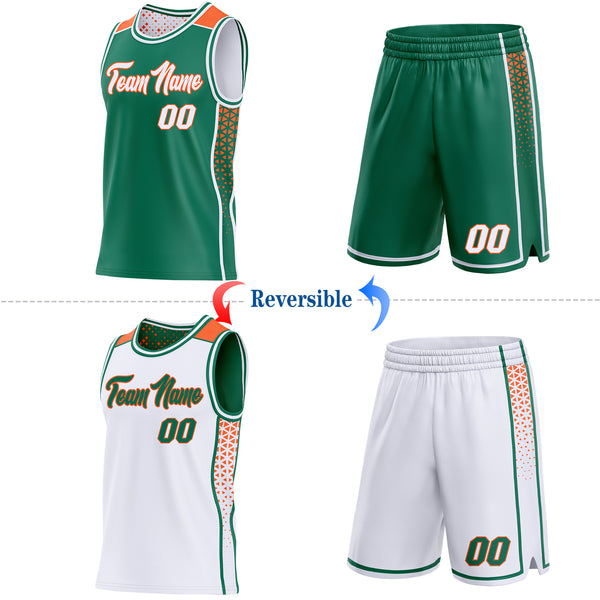 Custom Kelly Green White-Orange Side Panel Stripe Geometric Triangle Gradient Dot Reversible Double Side Sublimation Basketball Set Jersey