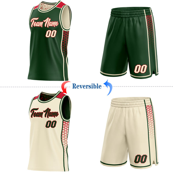 Custom Green Cream-Red Side Panel Stripe Geometric Triangle Gradient Dot Reversible Double Side Sublimation Basketball Set Jersey