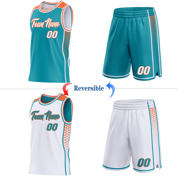 Custom Teal White-Orange Side Panel Stripe Geometric Triangle Gradient Dot Reversible Double Side Sublimation Basketball Set Jersey