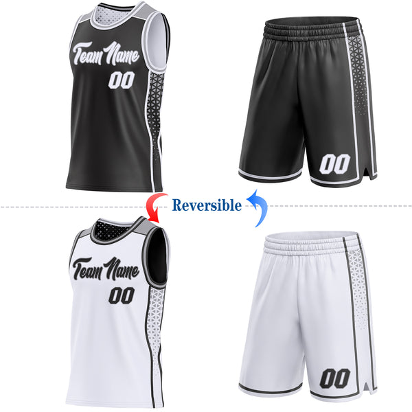 Custom Black White-Gray Side Panel Stripe Geometric Triangle Gradient Dot Reversible Double Side Sublimation Basketball Set Jersey