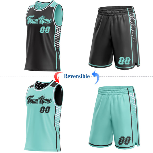 Custom Black Ice Blue-White Side Panel Stripe Geometric Triangle Gradient Dot Reversible Double Side Sublimation Basketball Set Jersey