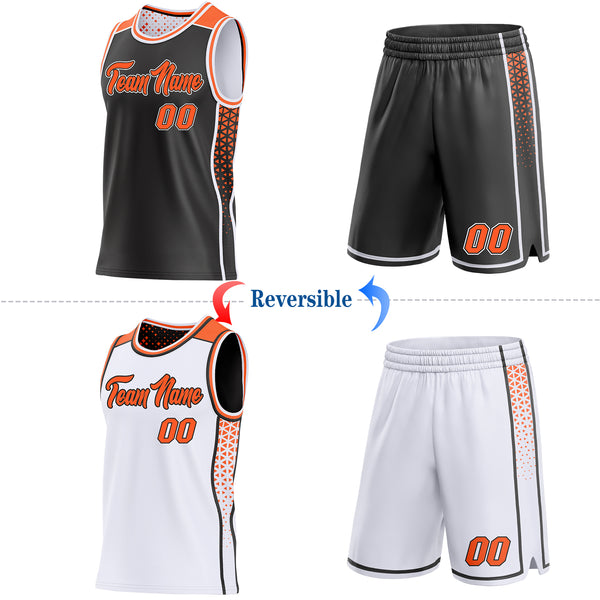 Custom Black Orange-White Side Panel Stripe Geometric Triangle Gradient Dot Reversible Double Side Sublimation Basketball Set Jersey