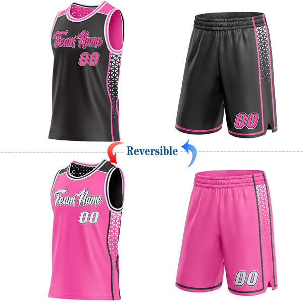 Custom Black Pink-White Side Panel Stripe Geometric Triangle Gradient Dot Reversible Double Side Sublimation Basketball Set Jersey