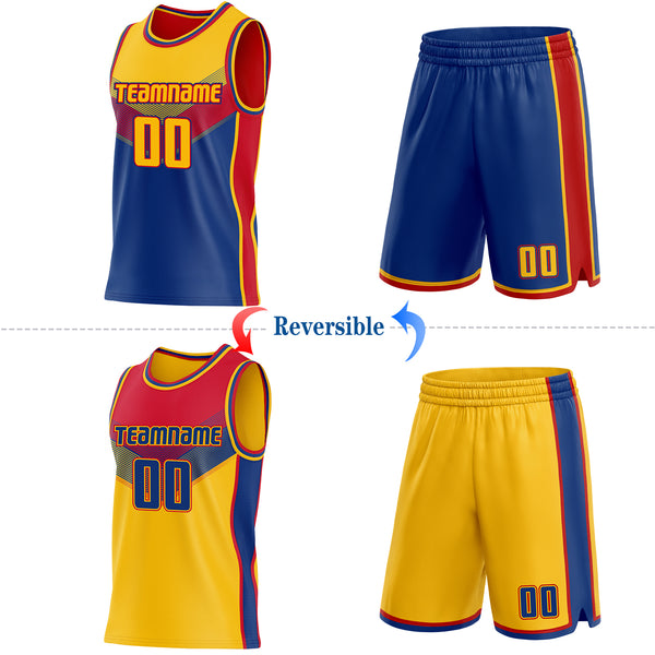 Custom Gold Royal-Red Side Panel Stripe Geometric V-Cut Color Block Reversible Double Side Sublimation Basketball Set Jersey