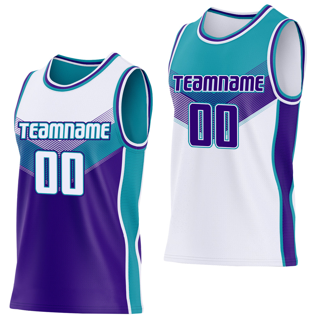 Custom White Purple-Teal Side Panel Stripe Geometric V-Cut Color Block Reversible Double Side Sublimation Basketball Set Jersey