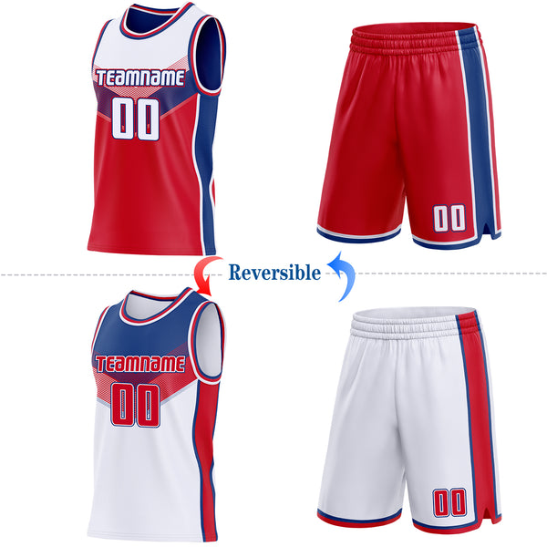 Custom White Red-Royal Side Panel Stripe Geometric V-Cut Color Block Reversible Double Side Sublimation Basketball Set Jersey